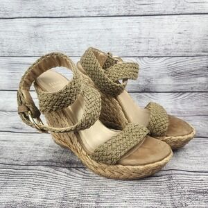 Stuart Weitzman 8M Khaki Crochet Alex Ankle Halter Wrap Espadrille Wedge Sandal
